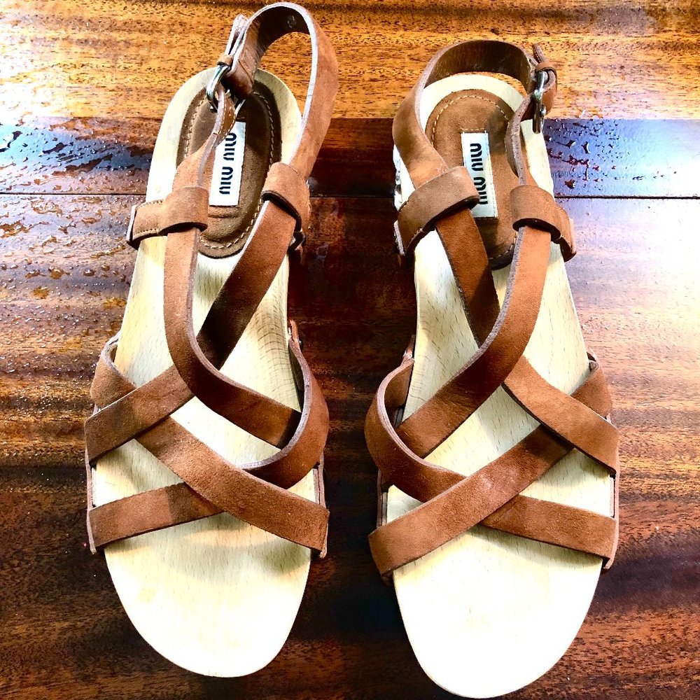 Miu Miu Embellished Leather Cross-Over Sandals (Size 8)